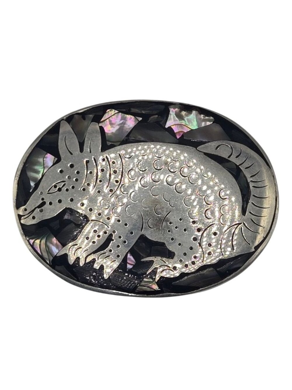 Vintage Armadillo Belt Buckle Alpaca Mexico Silver Abalone Shell Western Wear